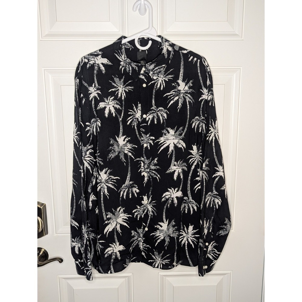 H&M Button Up Shirt Men's XL Black White Palm Print Collared Long Sleeve NEW - Picture 3 of 8